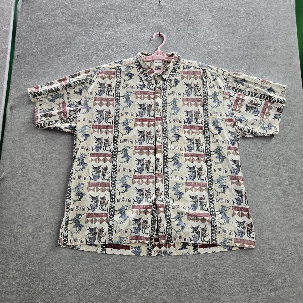 Kahala Men Button Up Shirt 2XL Multi Geometric Hawaiian Swordfish
